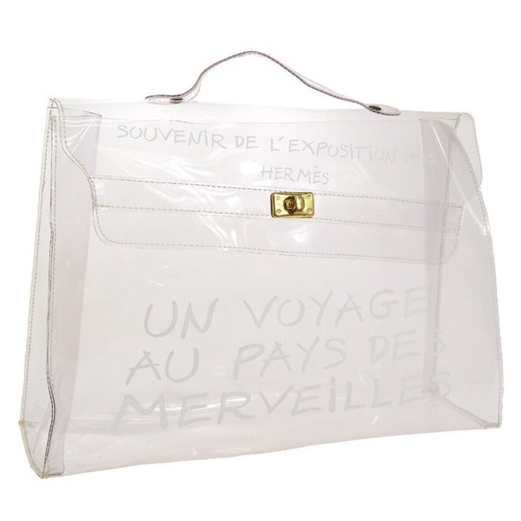 Authenticity Guarantee HERMES Vinyl Kelly Beach Hand Bag Purse SOUVENIR DE L'EXP - Picture 1 of 12